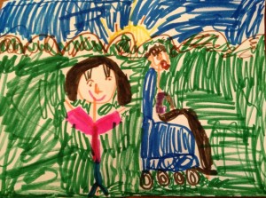 Client artwork, (age 6) "Me and Daddy in his wheelchair"